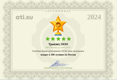 ТРАНЗИТ занял 1 место по Владивостоку и 9 место по России среди 340 тысяч участников Биржи грузоперевозок АвтоТрансИнфо (ATI.SU)